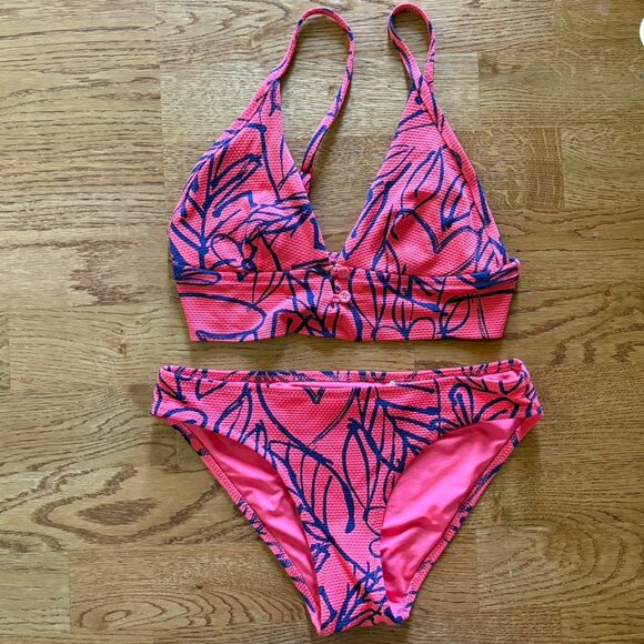 Aerie Swimsuit Swim XS Two Piece Bikini Plunge Triangle Top Bottom Red Navy Blue - Picture 1 of 4